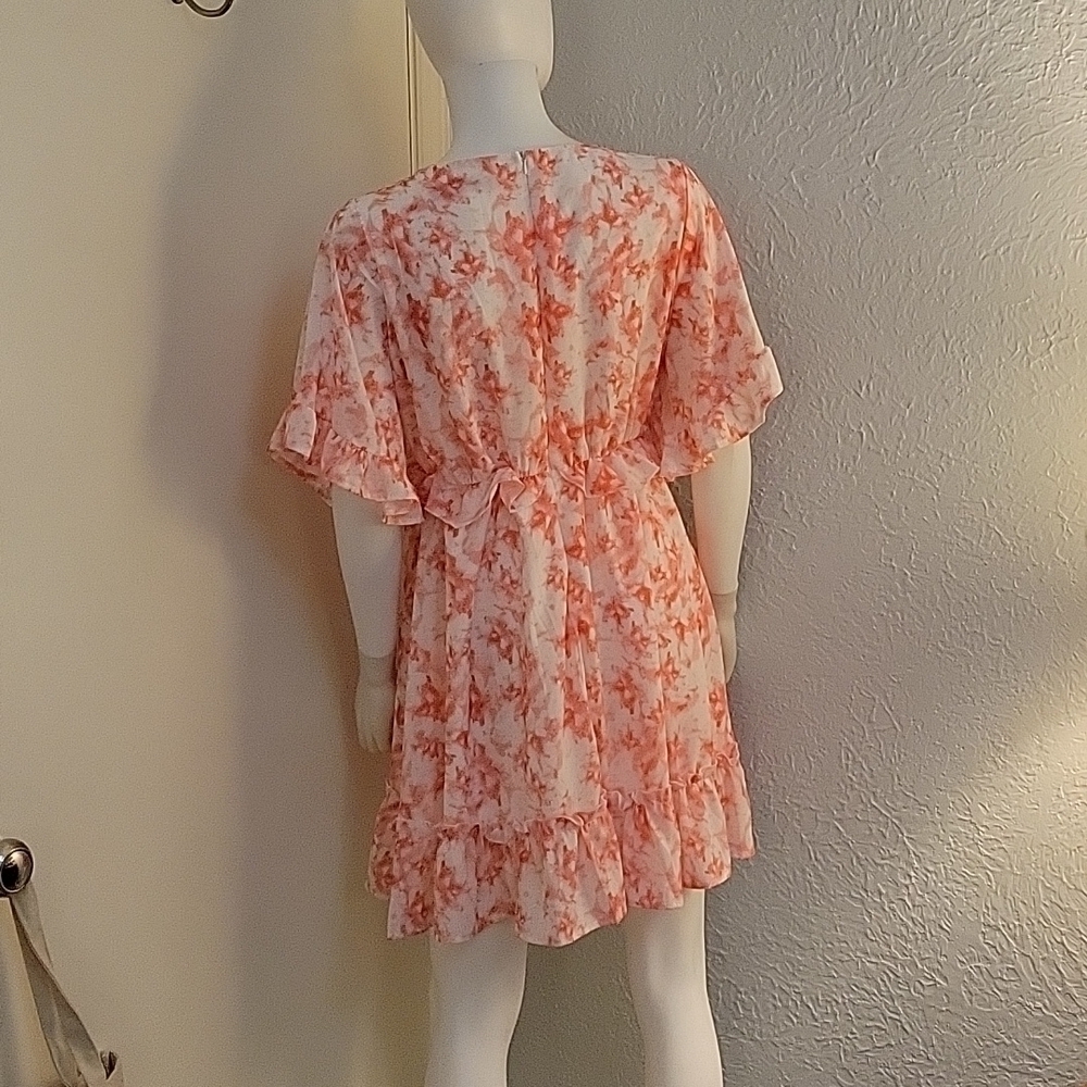 AGQT Flirty Coral Pink Watercolor Ruffle Mini Skater Dress Small - Picture 6 of 9